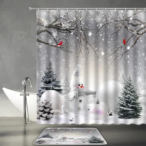 Miniatura 38 de Juego de 4 cortinas de ducha de muñeco de nieve con alfombra, diseño de árbol de pinos de invierno, lindo muñeco de nieve azul, juego de baño