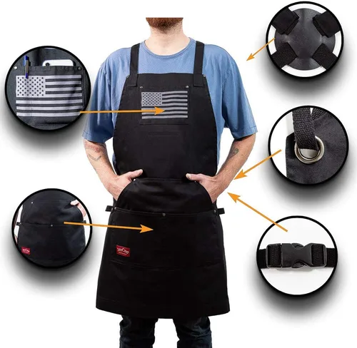 Miniatura 4 de JayCee - Delantal para barbacoa, parrilla, chef, pasatiempos y taller, 5 bolsillos, espalda cruzada, 2 trabillas para herramientas/toallas, algodón