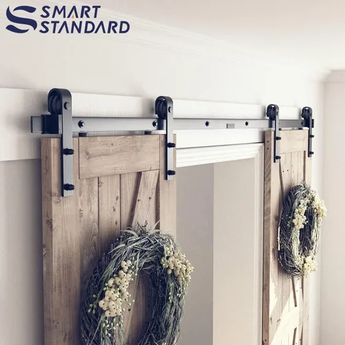 Miniatura 3 de SMARTSTANDARD Kit de herrajes para puerta de granero doble de 8 pies, pista de puerta corredera: suave y silenciosa - incluye instrucciones
