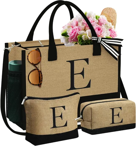 Miniatura 10 de YOOLIFE Regalos para mujeres, bolsa de yute con inicial y 2 bolsas de maquillaje, regalos personalizados para mujeres, profesores, mamá, amiga