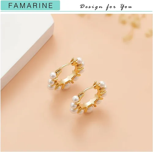 Miniatura 5 de FAMARINE Aretes de aro de perlas para mujer, aros de perlas ligeros para niñas