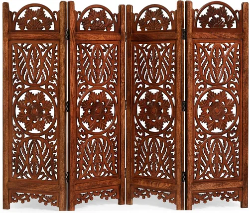 Lightnpro 4 Panel Majestic Wooden Room Divider 64"(W) x 48"(H) Hand-Carved Folding Privacy Screen, Pre-Assembled Decorative Partition for Living