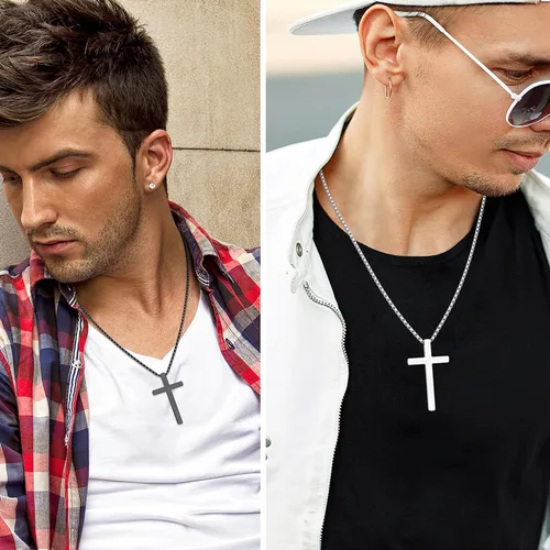 Miniatura 2 de 2 collares de cruz para hombres, plata y negro para hombre, collar con colgante de cruz de acero inoxidable para hombres, regalos de joyería