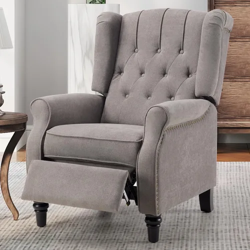 Miniatura 12 de Bonzy Home Sillón reclinable orejero de empuje hacia atrás, sillón tapizado de respaldo alto con patas de madera maciza, decoración con remaches