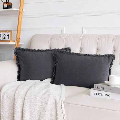Miniatura 23 de AmHoo Paquete de 2 fundas de almohada de lino con borlas con flecos decorativas rústicas naturales para cojín de sofá, sofá, dormitorio 16 x 16 Beige