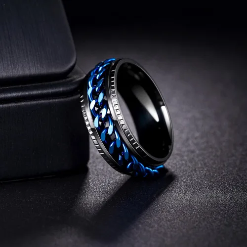Miniatura 4 de Anillos giratorios para hombres y mujeres, anillos de ansiedad para hombres, anillos de cadena para adultos, anillos de titanio y acero Negro azul