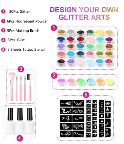 Miniatura 3 de Kit de tatuaje temporal con purpurina para maquillaje de niños, 30 purpurina corporal, 3 pegamento de purpurina, 5 hojas de plantillas de tatuajes