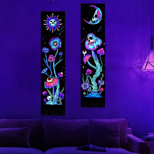 Miniatura 3 de Paquete de 2 tapices verticales de luz negra, sol y luna, calavera de hongos, fantasía, floral, fondo espacial de galaxia, para colgar en la pared