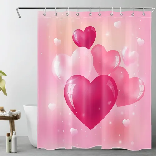 LB Juego de cortinas de ducha Love Theme con corazones de cristal brillante en rosa, cortina de baño para niñas adolescentes con ganchos, 60 x 72