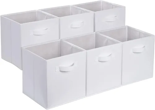 Amazon Basics - Contenedores plegables de tela para almacenar, organizador con asas, 13 x 13 x 13 pulgadas, color blanco, paquete de 6