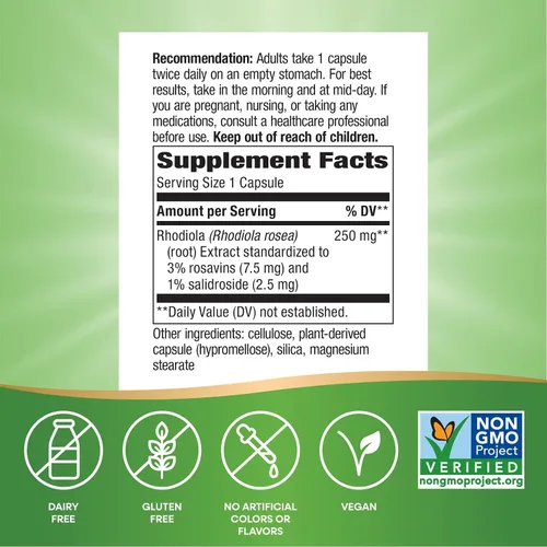 Miniatura 5 de Nature's Way Rhodiola, 250 mg por porción, apoya la energía y el rendimiento cognitivo*, hierba adaptogénica*, proyecto verificado sin OMG, vegano