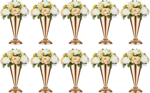 Miniatura 10 de 2 piezas de jarrón de metal para mesa de boda con flores en forma de trompeta, centro de mesa decorativo de 9.8 pulgadas, arreglos de flores