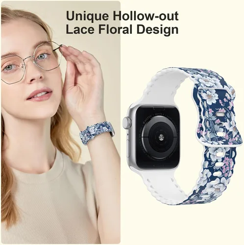 Miniatura 4 de Correa de encaje floral compatible con Apple Watch de 40mm 44mm 46mm 41mm 45mm 38mm 42mm 49mm, mujeres, correa deportiva de repuesto de silicona E
