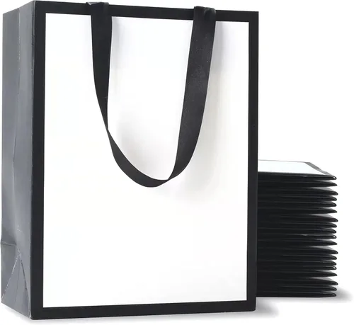 YACEYACE Bolsas de regalo en blanco y negro con asas, 20 unidades de 8 x 4.25 x 10 pulgadas, bolsas de regalo de papel kraft blanco y negro, bolsa