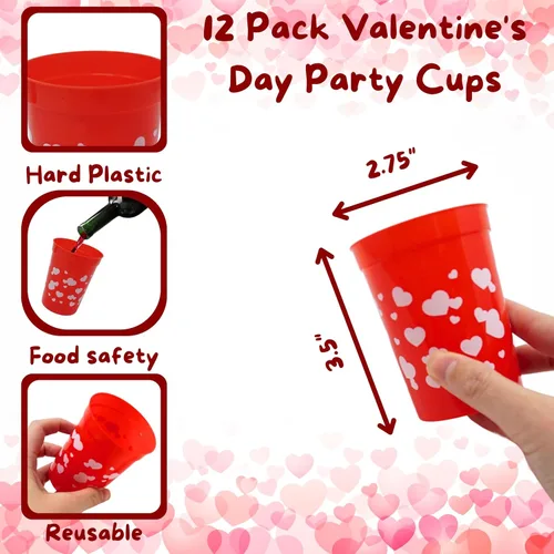 Miniatura 5 de 4E's Novelty Vasos reutilizables de plástico para el día de San Valentín para niños, 8 onzas, paquete de 12, vasos rojos con corazones, suministros