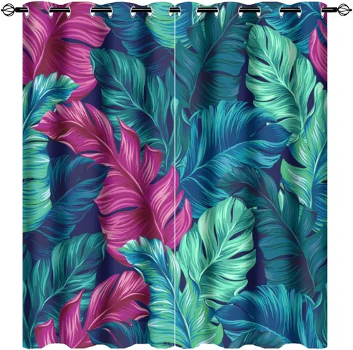 Miniatura 32 de Cortinas abstractas de hojas tropicales, acuarela tropical, hojas de palma, verano hawaiano, plátano, aislamiento térmico, cortinas completas