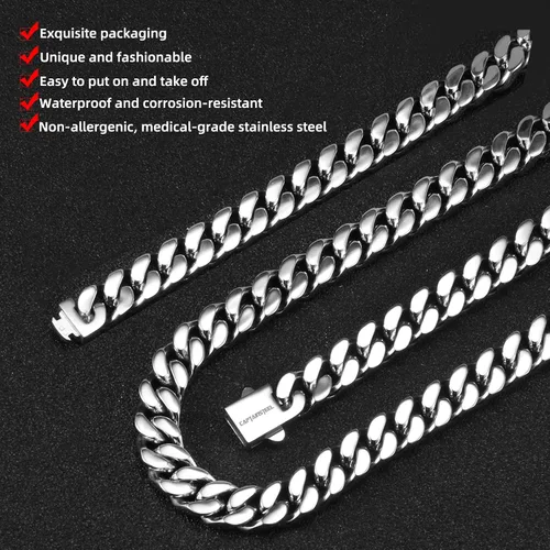 Miniatura 4 de CaptainSteeL Collar de cadena cubana Miami para hombres y mujeres, acero inoxidable 316L de 50.354in de ancho, 18"20"22"24" de largo, joyería de hip