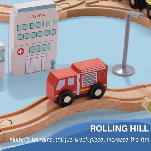 Miniatura 9 de Giant bean Juego de 117 piezas de tren Busy Port City para niños, juego de vías de tren de madera ampliables y cambiables, juguete grande de Navidad