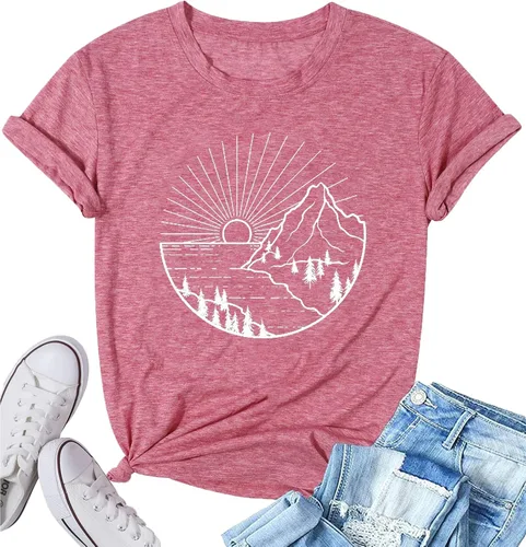 Camiseta de senderismo para mujer, camiseta de montaña con estampado gráfico de naturaleza y amanecer, camiseta de verano de manga corta para