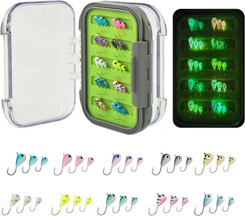 Miniatura 10 de Kit de Jigs de Pesca en Hielo de Tungsteno, 3.2/4/5mm Gota Lágrima que Brillan en la Oscuridad Señuelos Jigs de Pesca en Hielo con Caja de Jigs