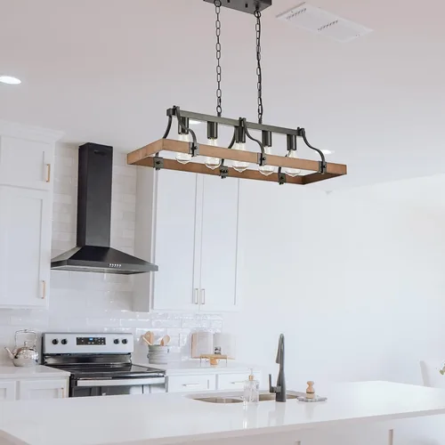 Miniatura 6 de Candelabros de granja para comedor, lámpara rústica de isla de cocina de 5 luces, techo rectangular industrial industrial negro