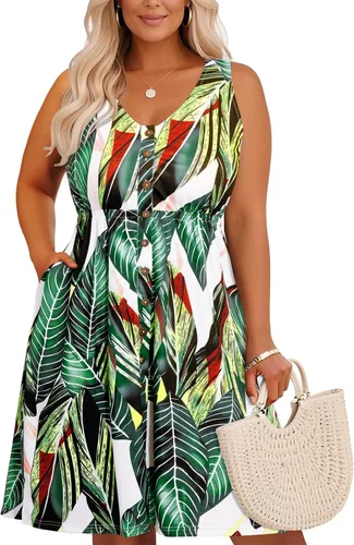Miniatura 53 de Holipick Vestidos de verano para mujer, talla grande, casual, con bolsillos, acampanado, con botones, sin mangas, cuello en V