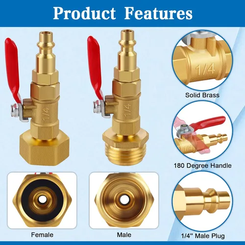 Miniatura 6 de Adaptadores de soplado para autocaravana, 3/4 pulgadas GHT macho y hembra de latón, conector de montaje de compresor de aire con válvula de cierre