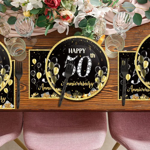 Miniatura 7 de 96 Piezas Platos de Papel Servilletas Tenedores para Fiesta de 50 Aniversario Empleado Carrera Boda 50 Aniversario Oro Negro Vajilla Desechable