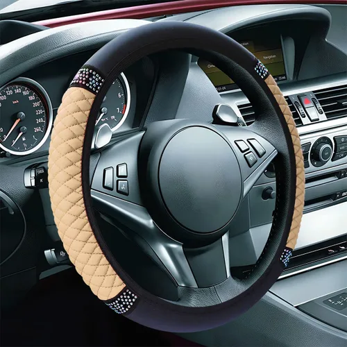 Miniatura 2 de ZIMISI Funda de volante de cuero suave con diamantes brillantes, protector de volante antideslizante de 15" con cristales brillantes para automóvil