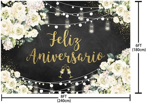 Miniatura 5 de AIBIIN Telón de fondo de feliz aniversario de 8 x 6 pies con temática mexicana, decoraciones de feliz aniversario, flores blancas, fondo