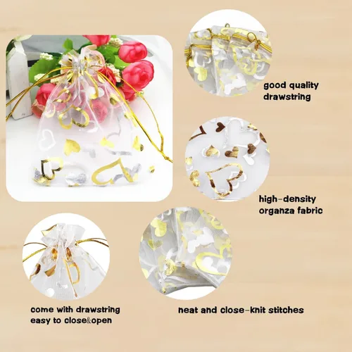 Miniatura 4 de QIANHAILIZZ 100 unidades de 3.5 x 4.7 pulgadas, bolsa de regalo de organza con corazón de flores, bolsa de regalo, bolsa para dulces, con cordón