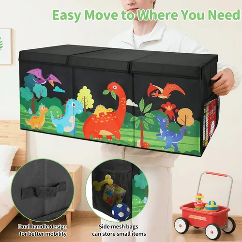 Miniatura 5 de Caja de juguetes extragrande para niños, organizador de juguetes plegable con divisores y tapas, contenedor de almacenamiento de dinosaurios de 148L