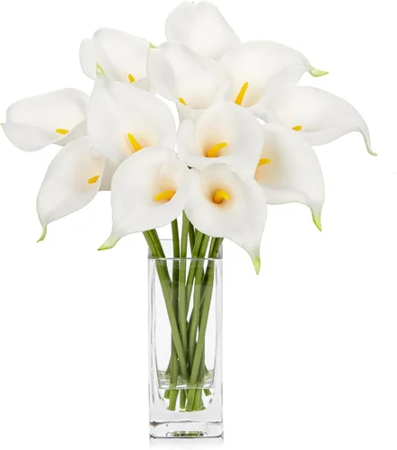 DILATATA Flores falsas en jarrón de 12 pulgadas, arreglo de flores artificiales de color blanco puro con jarrón y agua sintética para decoración del