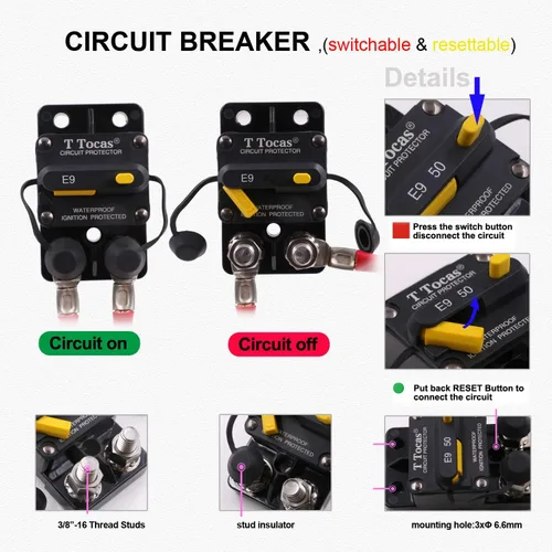 Miniatura 3 de E69 Interruptor de circuito de 10 A T3 con restablecimiento manual Mini de montaje en superficie IP66 Interruptor conmutable de 10 A