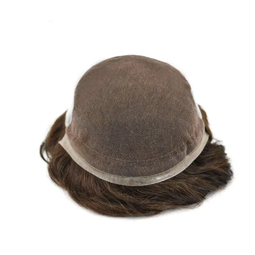 Miniatura 3 de Pelo humano para hombre Toupee French Lace Front Natural Hairline postizos de color marrón medio sistema de reemplazo de cabello virginal