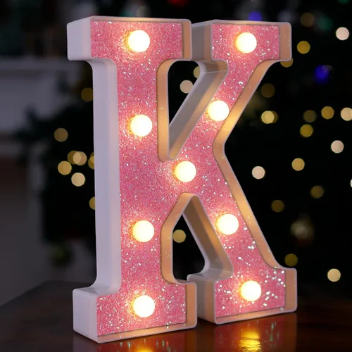 Miniatura 24 de Letras con luces LED, letras de marquesina con brillantina rosa, letras del alfabeto, letreros iluminados por pilas, para decoración de fiestas