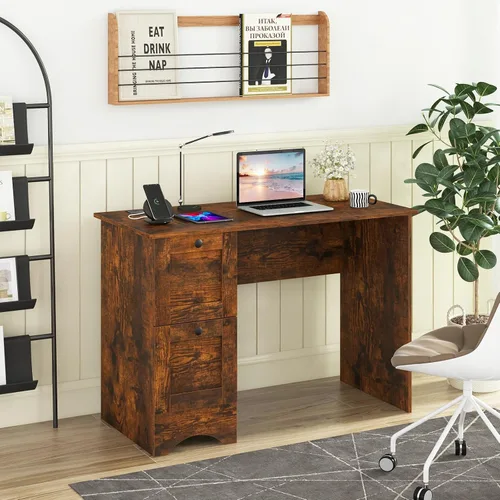 Miniatura 2 de Tangkula Escritorio para computadora con cajones y estación de carga, escritorio de madera para oficina en casa, escritorio para computadora Marrón