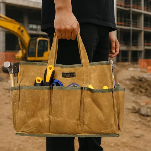 Miniatura 7 de Bolsa de herramientas de lona encerada de 16 onzas Bolsa de almacenamiento de herramientas de gran capacidad con 10 bolsillos externos Caqui