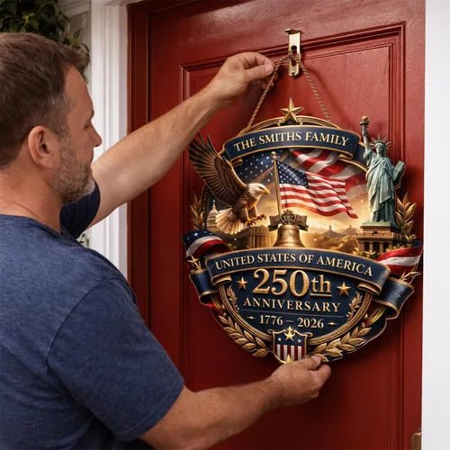 Miniatura 2 de NAZENTI Letrero personalizado para puerta del 4 de julio con nombre familiar, coronas de puerta personalizadas para 250 aniversario de Estados