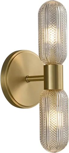 Miniatura 8 de Apliques de pared de latón cepillado, apliques de vidrio doble moleteado de 12.3 pulgadas, aplique dorado de 2 luces, luces de pared para sala