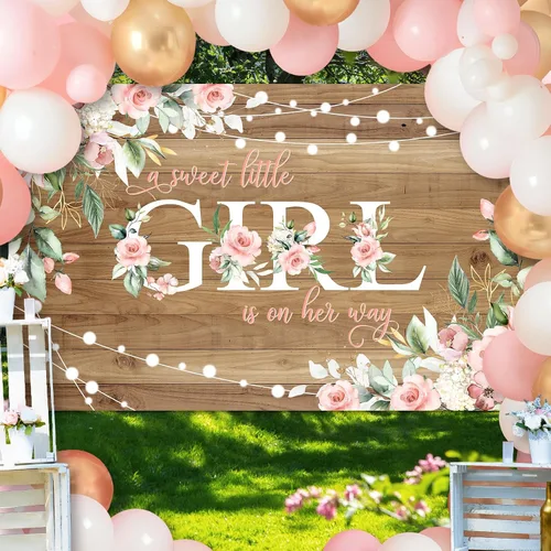 Miniatura 6 de Avezano Cartel rústico para baby shower con texto en inglés "A Sweet Little Girl is on Her Way", decoración de fiesta de baby shower, pancarta