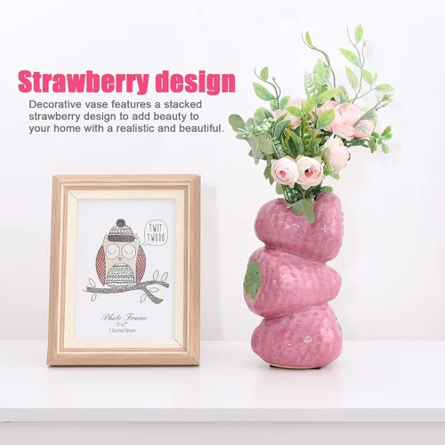 Miniatura 2 de Firlar Florero de cerámica con diseño de fresas para flores, decorativo, moderno, rosa, redondo, 4 x 3 x 8 pulgadas, boda, Navidad, regalo del día