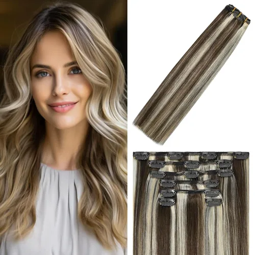 Miniatura 22 de WindTouch - Extensiones de cabello humano Remy con pinzas, color rubio decolorado combinado con balayage, para cabello rubio, 2.47 onzas, N.°
