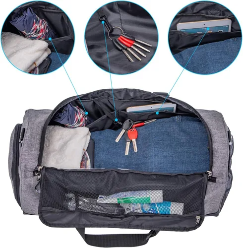 Miniatura 3 de Kuston Bolsa de gimnasio deportiva con compartimento para zapatos y bolsillo húmedo, bolsa de lona para gimnasio para hombres y mujeres, Gris