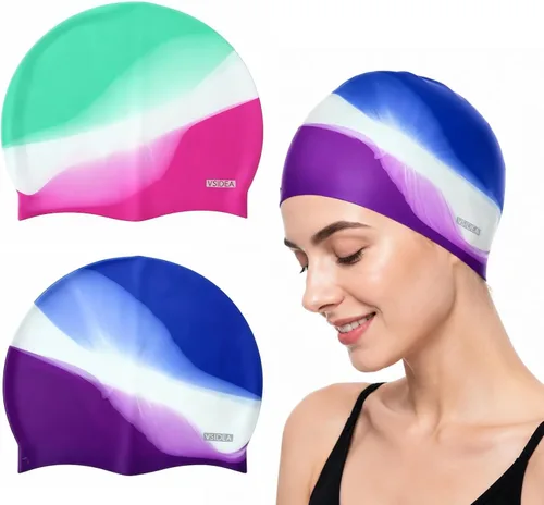 Miniatura 9 de Gorros de natación de silicona, paquete de 2 gorros de natación duraderos y cómodos para adultos, elastoméricos para mujeres y hombres, pelo corto