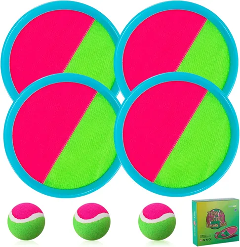 Miniatura 8 de Juegos de playa, juguetes al aire libre para niños de 4 a 8 años, juego de pelotas para lanzar y atrapar, con 4 paletas, 3 bolas y 1 bolsa de Rosa