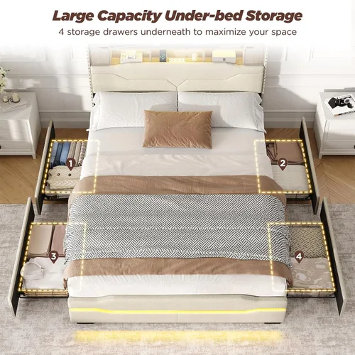 Miniatura 6 de Maupvit Base de cama matrimonial con cabecera de almacenamiento, 4 cajones debajo de la cama y luces LED, plataforma tapizada con estación de carga