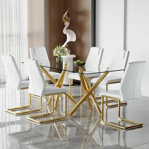 Miniatura 17 de Juego de mesa de comedor de cristal para 6,71 pulgadas, mesa de comedor para 6, mesa de cocina rectangular grande de vidrio templado y 6 sillas