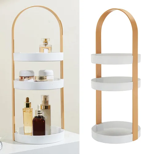 Miniatura 4 de Tocadiscos transparentes de 3 niveles, estante de almacenamiento redondo con mango integral, organizador de cosméticos de maquillaje, soporte