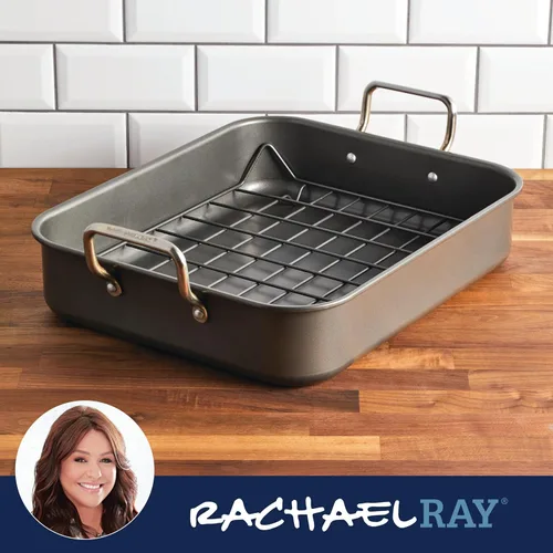 Miniatura 10 de Rachael Ray Bakeware Asador/Bandeja para Asar Antiadherente con Rejilla Reversible, 16.5 Pulgadas x 13.5 Pulgadas, Gris
